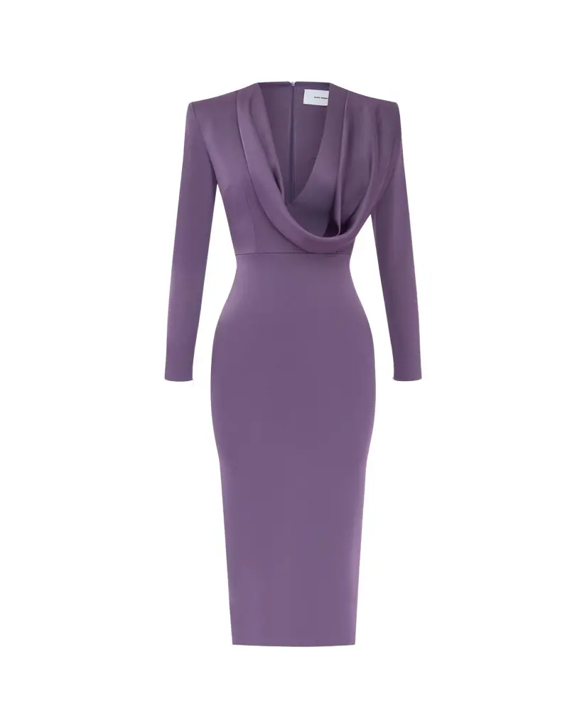 Alex Perry Draped Cowl-Neck Strong-Shoulder Satin Crepe Midi Dress