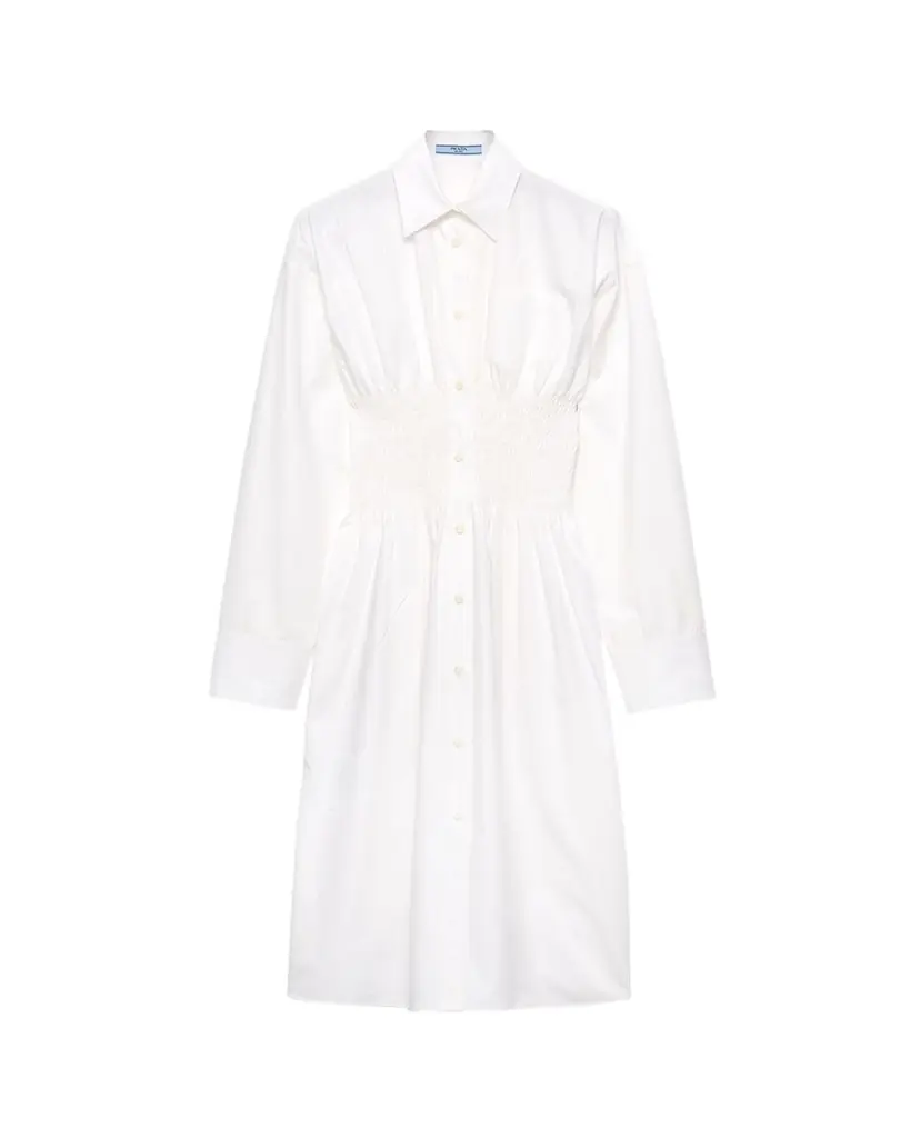Prada Smocked Canvas Fit-and-Flare Midi Shirt Dress