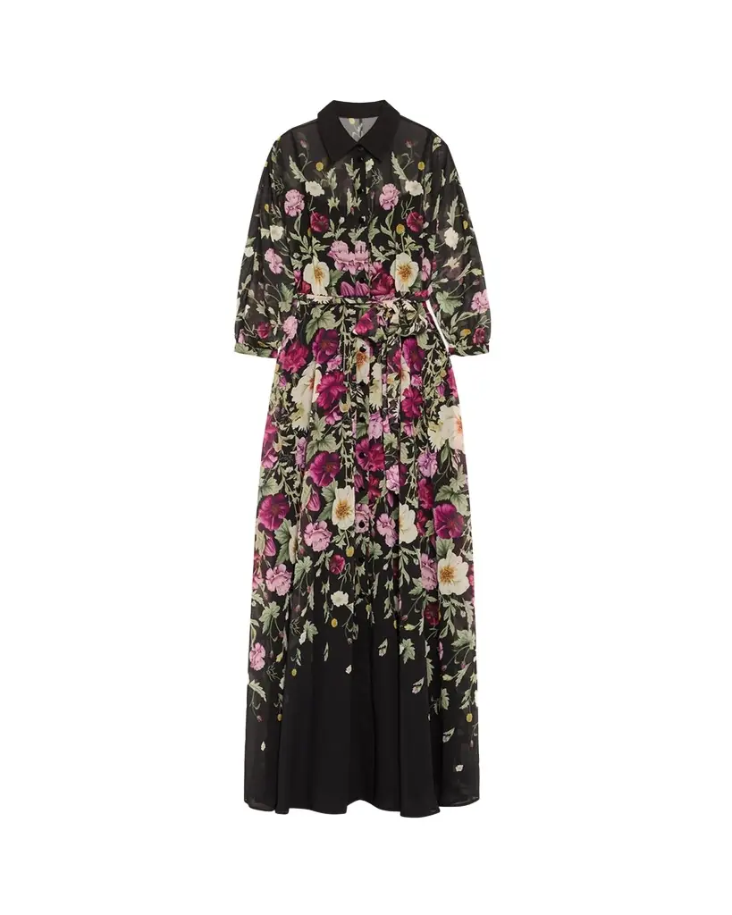Rickie Freeman for Teri Jon Floral-Print Chiffon Shirt Gown