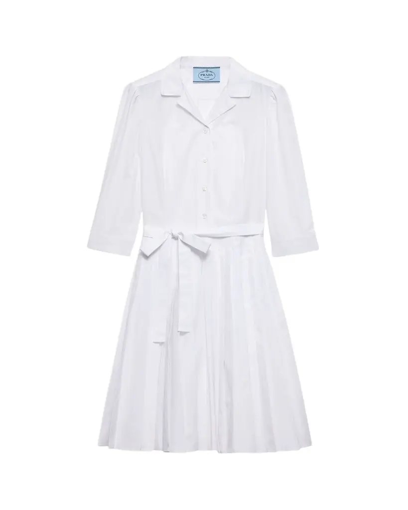 Prada Pleated Popeline Neck-Tie Shirtdress