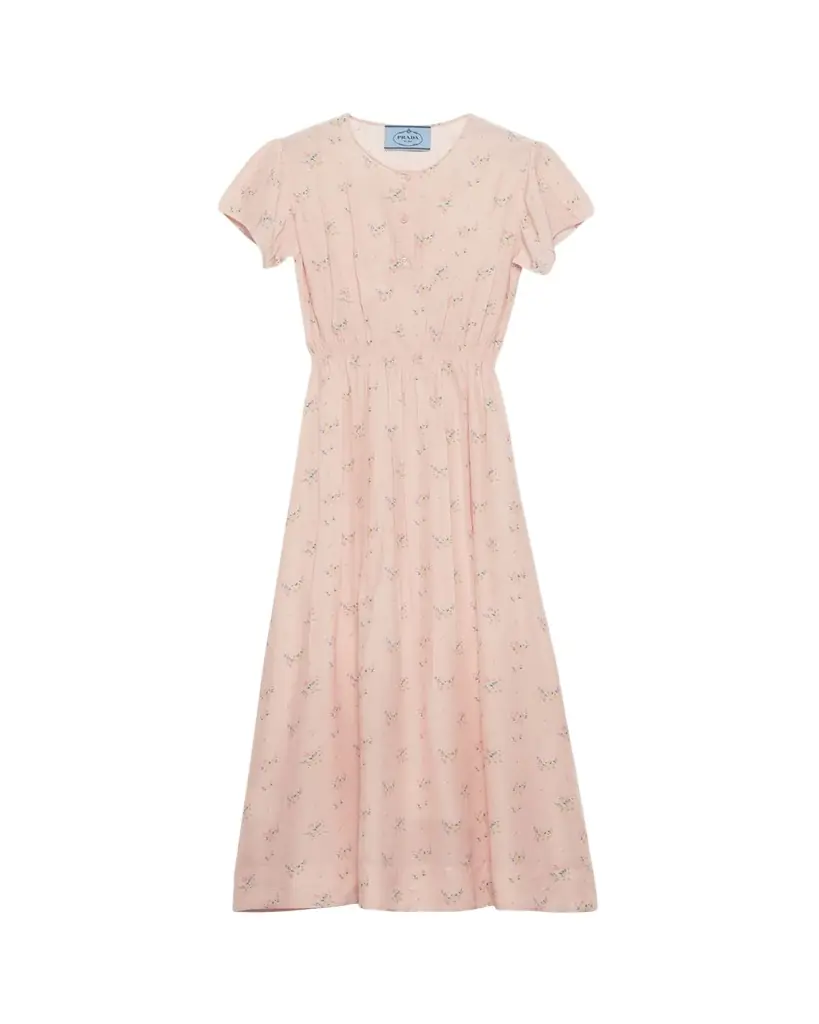 Prada Flower-Print Silk Ponge Short-Sleeve Midi Dress
