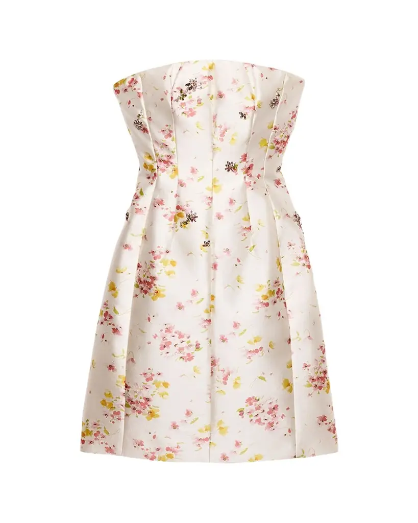 Prada Seta Lana Floral-Embellished Strapless Mini Dress