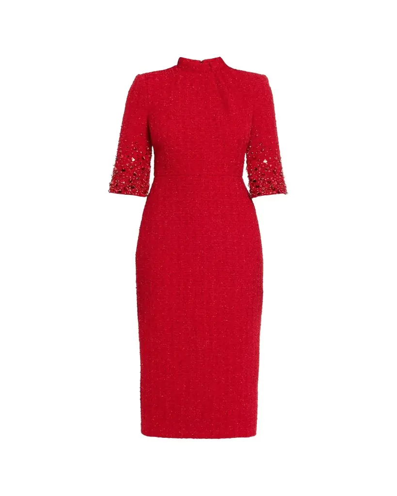Badgley Mischka Mock-Neck Beaded Shimmer Tweed Midi Dress