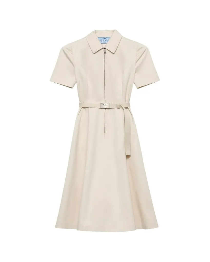 Prada Short-Sleeve Belted Chino Midi Dress