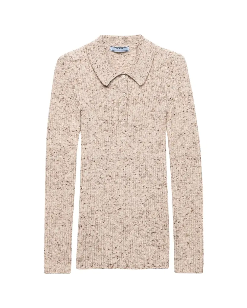 Prada Speckled Wool-Linen Rib Polo Sweater