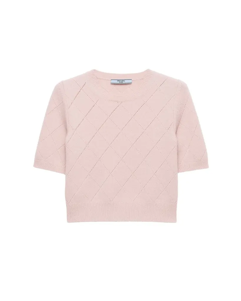 Prada Cashmere Argyle Pointelle Knit Short-Sleeve Sweater