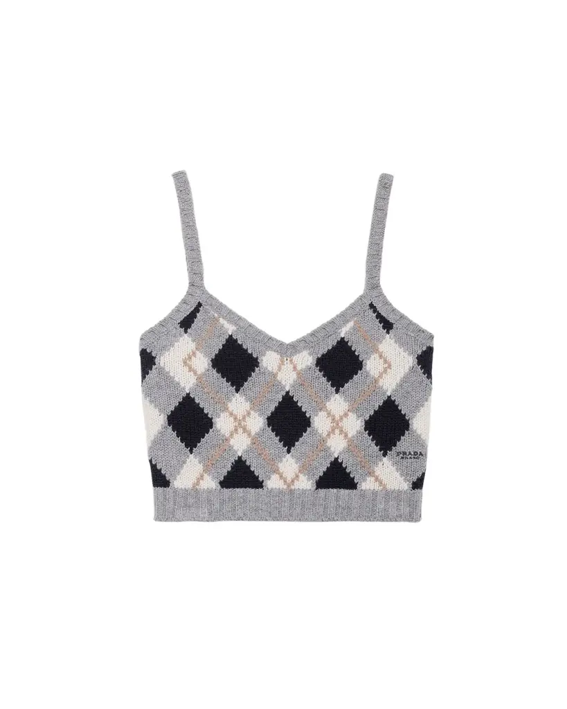 Prada Cashmere Argyle Knit Crop Tank Top