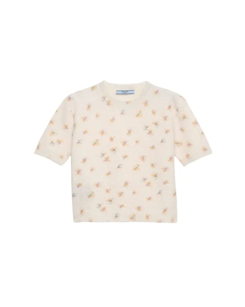 Prada Floral-Print Short-Sleeve Sweater