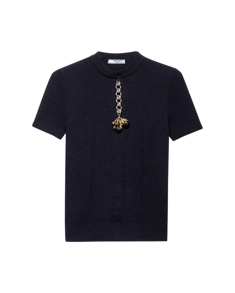 Prada Short-Sleeve Knit Sweater with Pendants