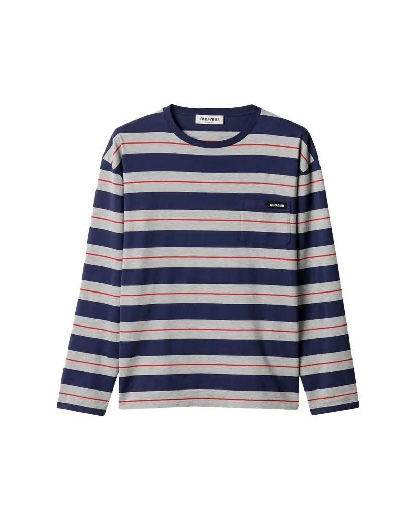 Miu Miu Striped Long-Sleeve Crewneck T-Shirt