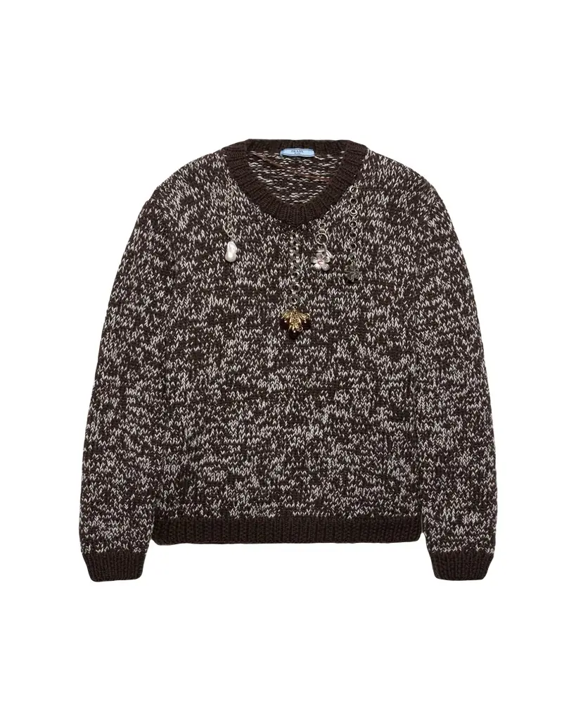 Prada Melange Wool Crewneck Sweater with Pendants