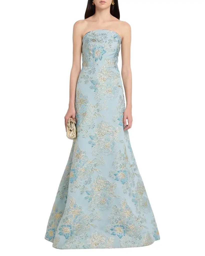 Rickie Freeman for Teri Jon Strapless Metallic Floral Jacquard Gown