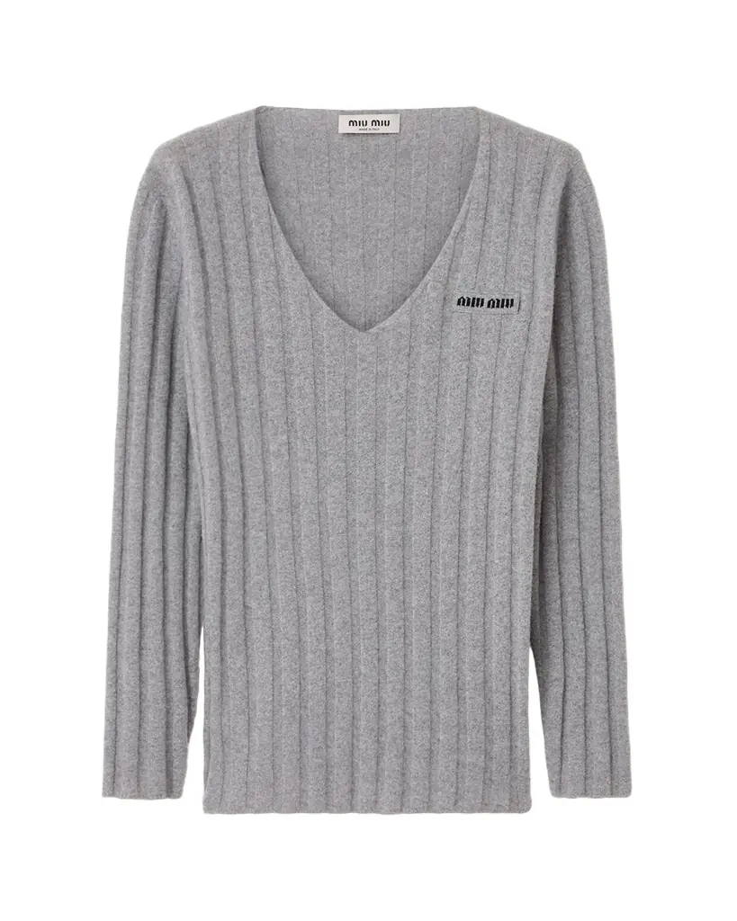 Miu Miu Cashmere-Wool Rib V-Neck Sweater