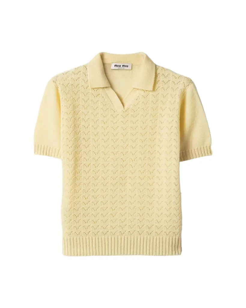 Miu Miu Cashmere Pointelle Knit Short-Sleeve Polo Shirt