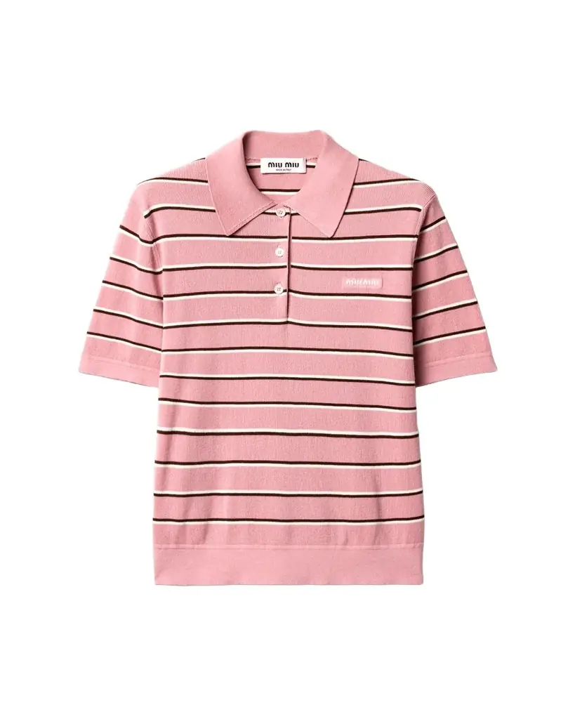 Miu Miu Striped Cotton Knit Short-Sleeve Polo Shirt