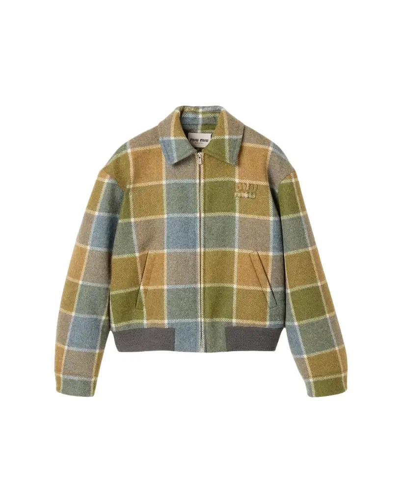 Miu Miu Windowpane Check Wool Zip Jacket