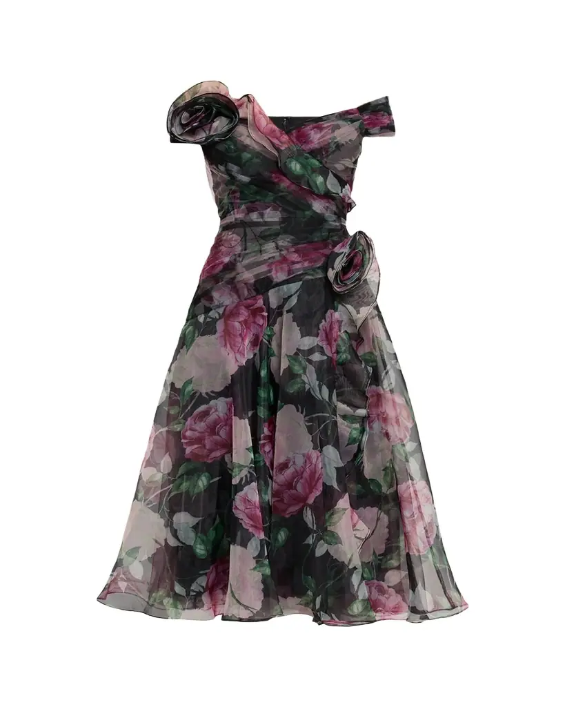 Rickie Freeman for Teri Jon Off-Shoulder Pleated Organza Midi Dress
