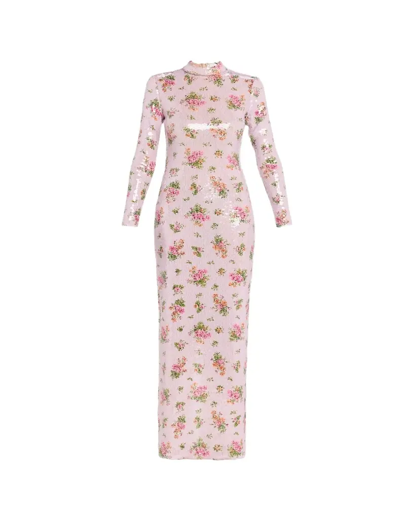 Brandon Maxwell Sequined Floral Long-Sleeve Column Maxi Dress