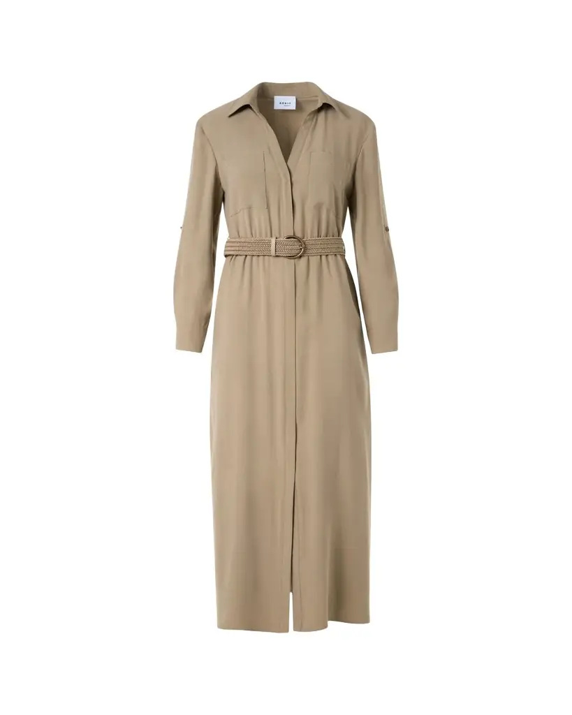 Akris punto Long-Sleeve Belted Viscose Twill Midi Shirtdress