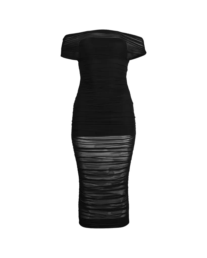 SEROYA Noel Off-Shoulder Ruched Mesh Midi Dress