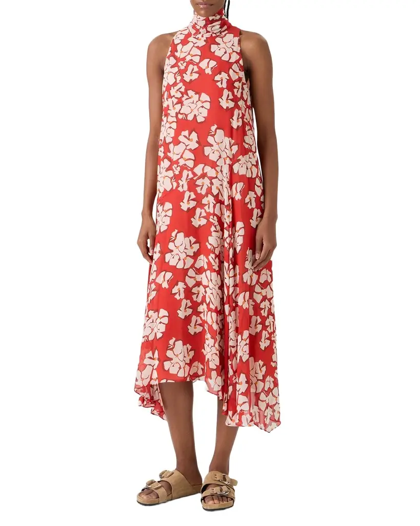 Akris punto Mock-Neck Papercut Floral Print Viscose Georgette Midi Dress