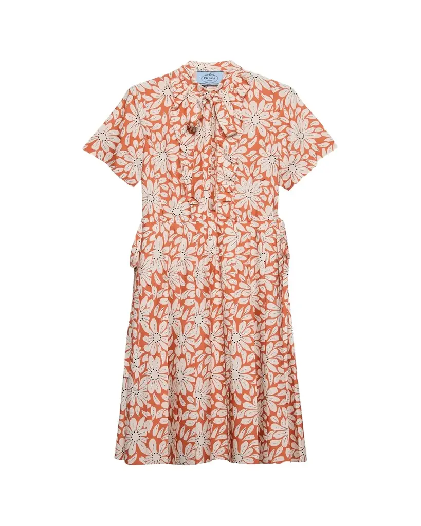 Prada Floral-Print Pleated Pongé Dress
