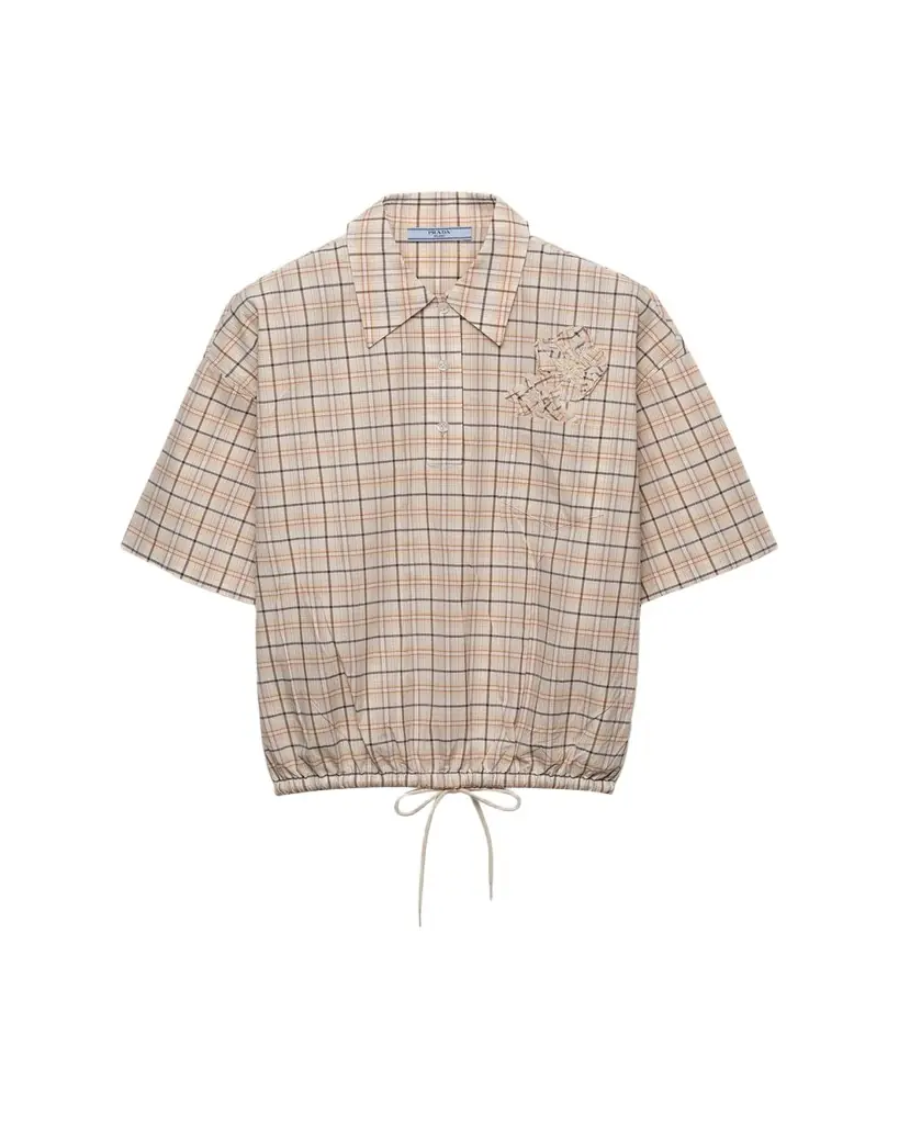 Prada Embroidered Check Cotton Polo Top