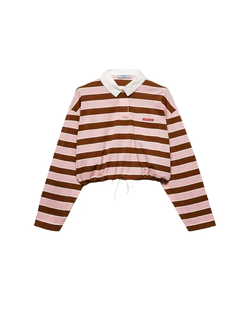Prada Striped Long-Sleeve Crop Polo Shirt
