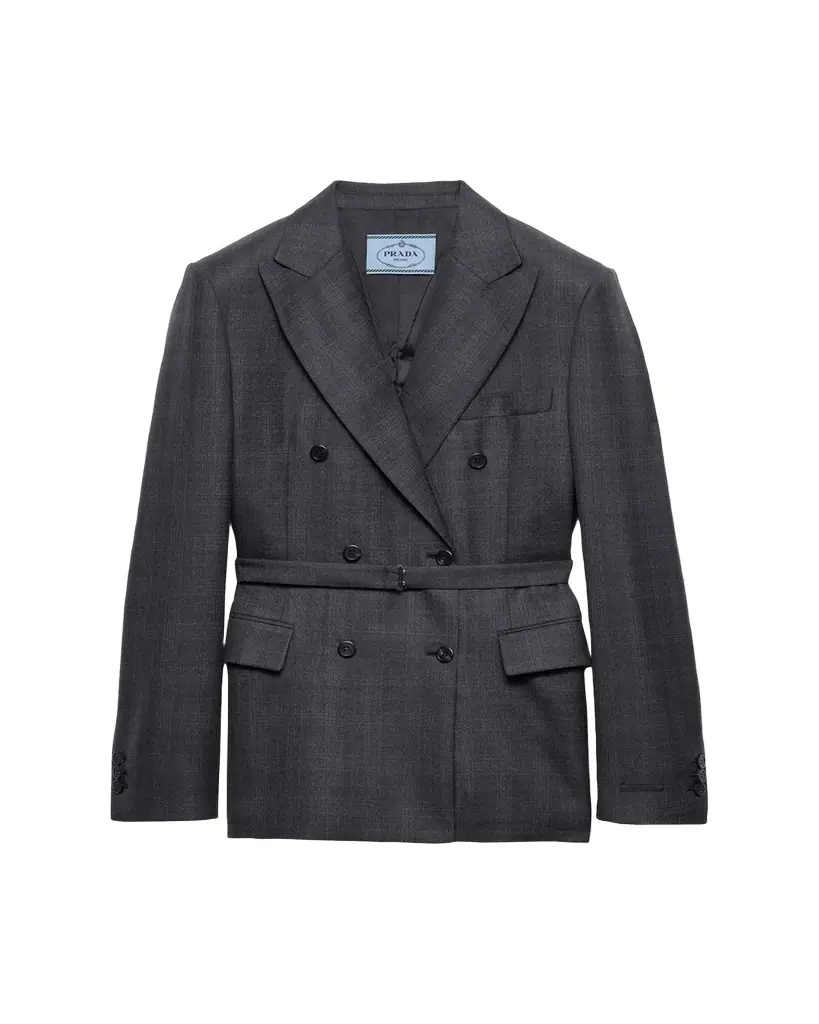 Prada Belted Checked Wool Double-Breasted Jacket