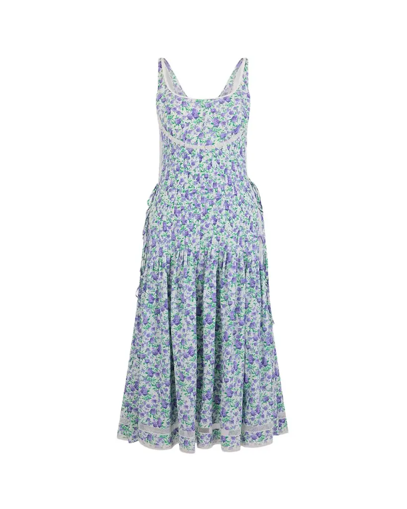Rabanne Floral Pleated Silk Crepe Sleeveless Midi Dress