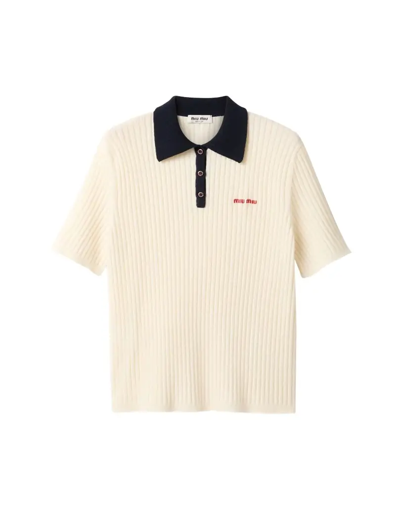 Miu Miu Ribbed Short Sleeve Polo Cashmere Shirt