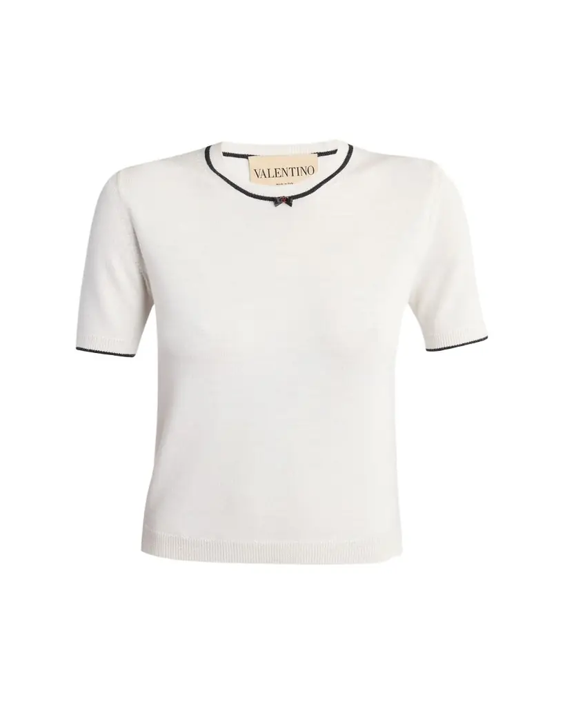 Valentino Garavani V-Logo Bow Short-Sleeve Wool Sweater