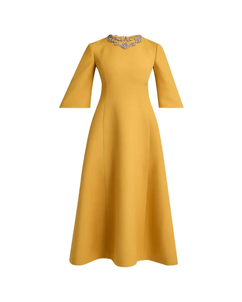 Valentino Garavani Crystal Embroidered Silk-Wool 3/4-Sleeve Midi Dress