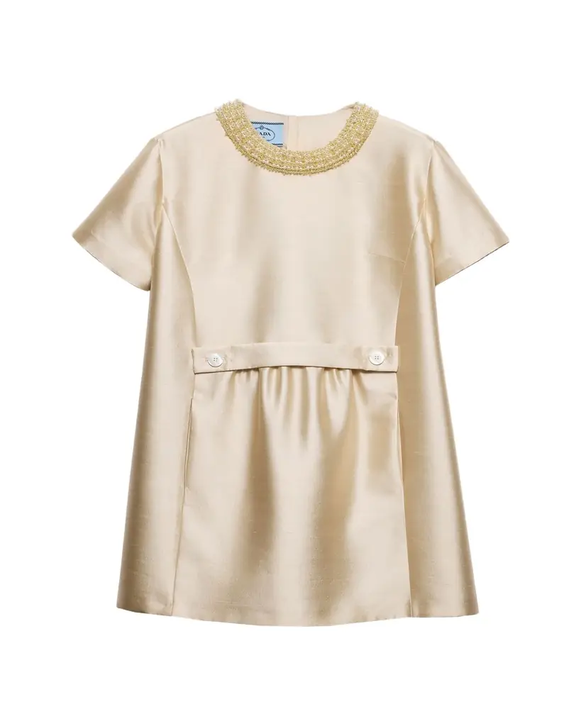 Prada Beaded Gazar Silk Short-Sleeve Mini Dress