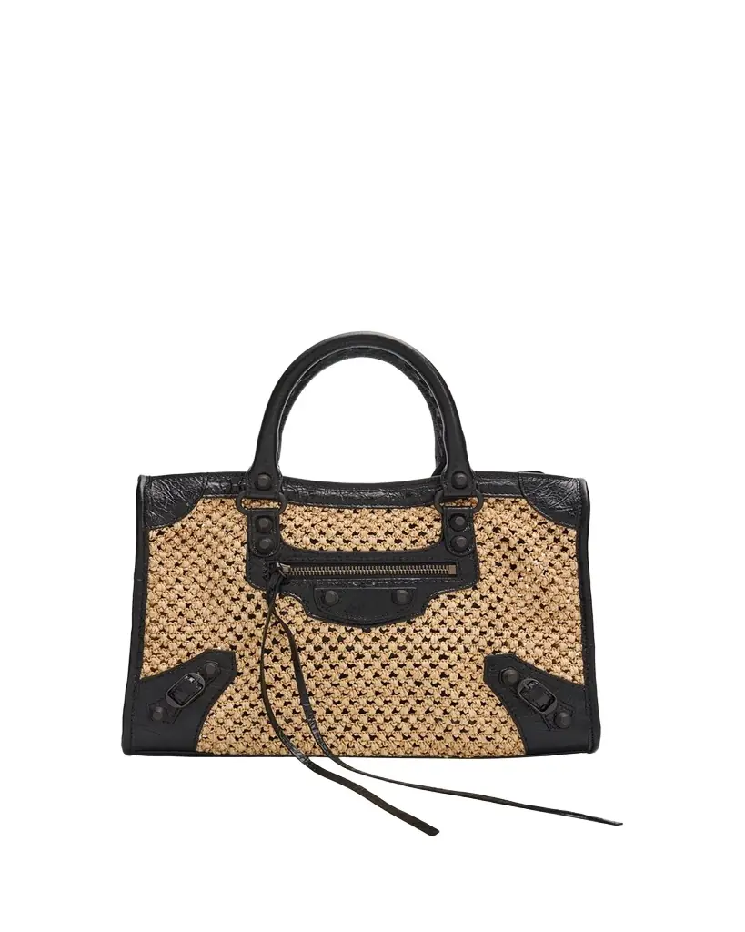 Balenciaga Le City Woven Leather-Trim Top-Handle Bag
