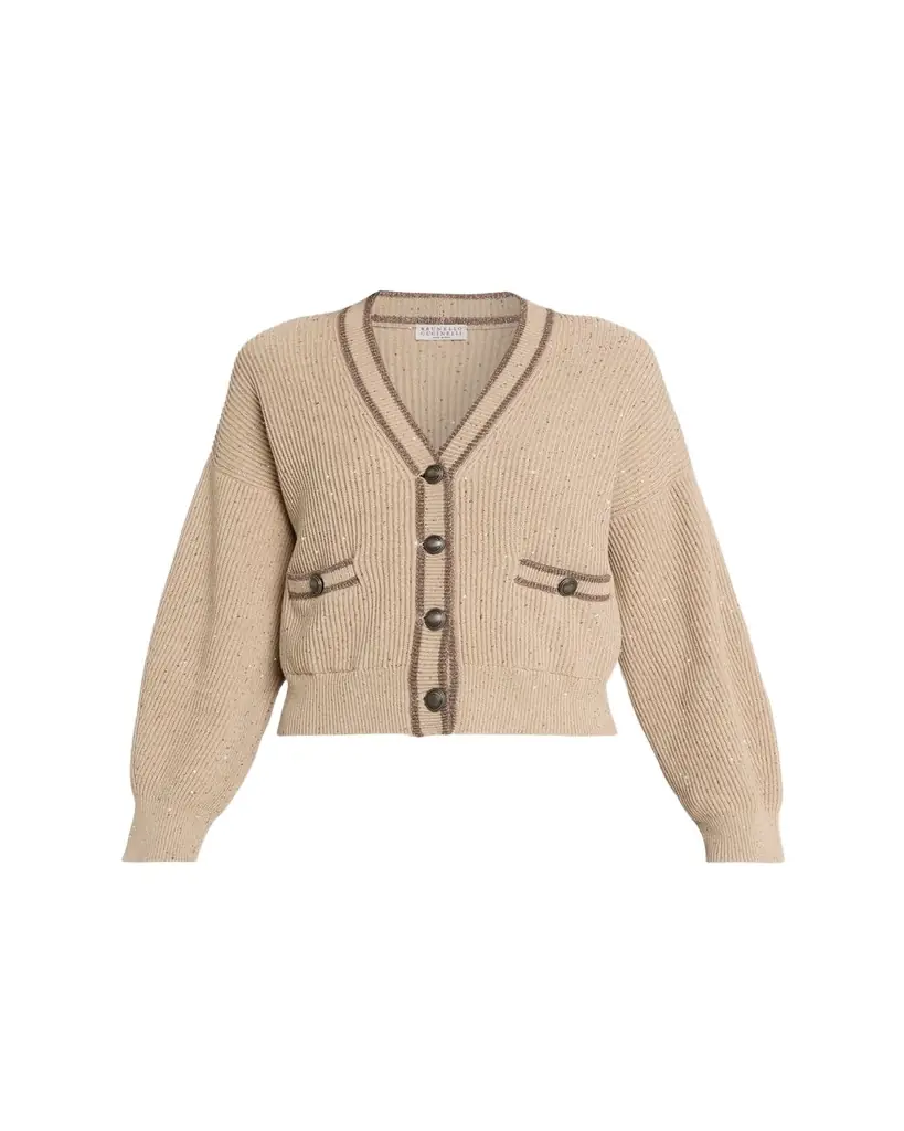 Brunello Cucinelli Paillette English Rib V-Neck Cardigan