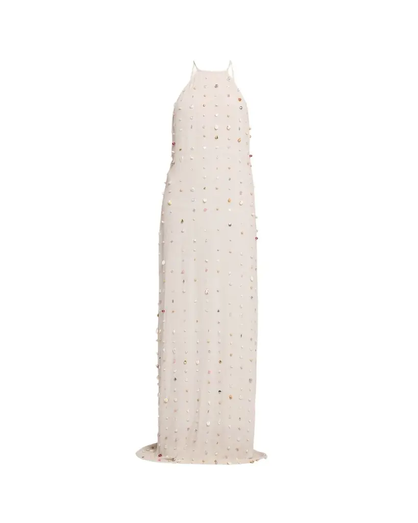 BERNADETTE Embellished Crinkled Viscose Halter Maxi Dress