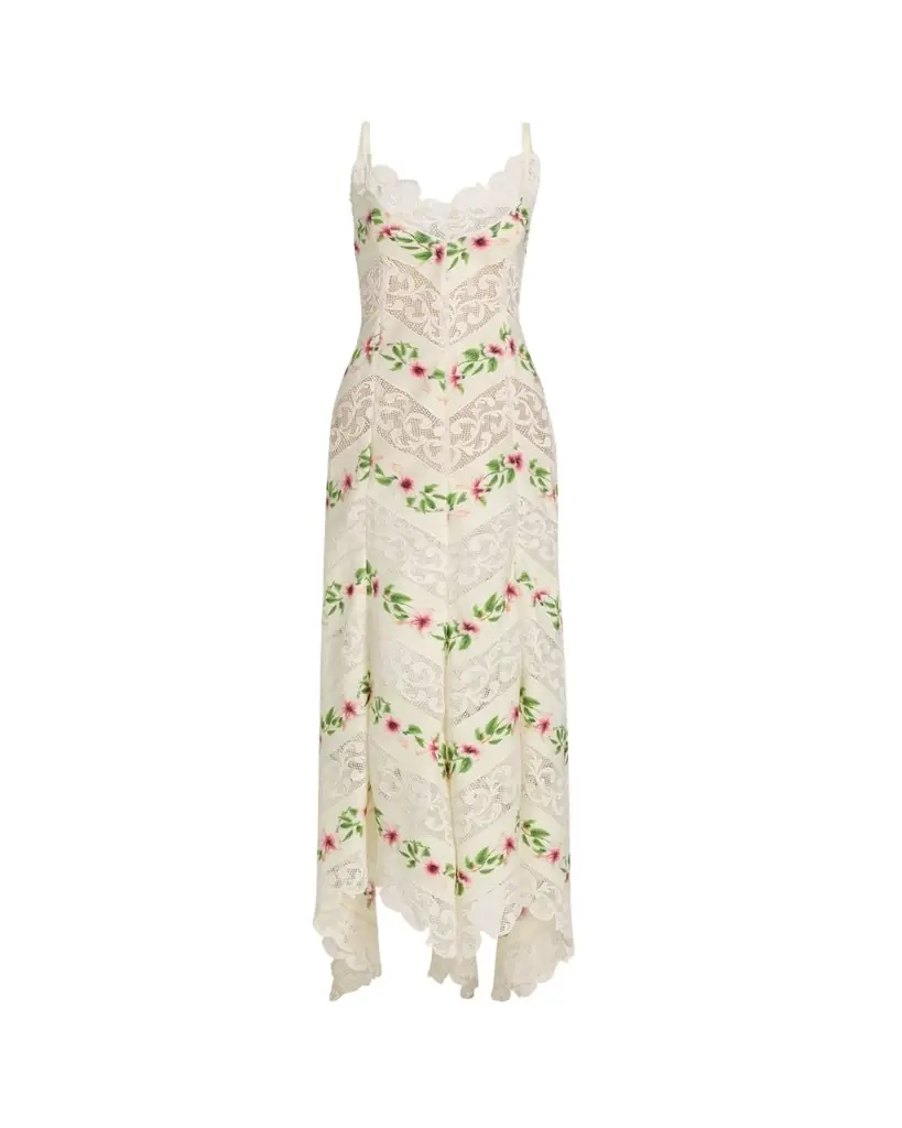 Oscar de la Renta Sleeveless Chine Hibiscus Floral Chevron Maxi Dress