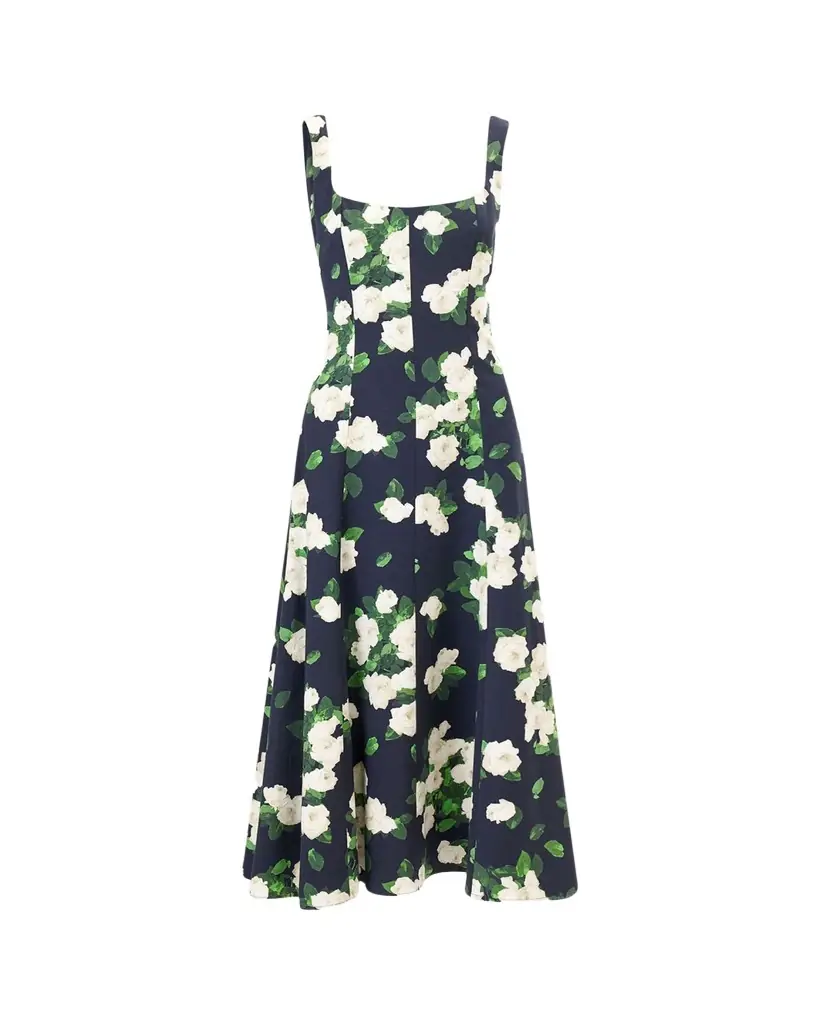 Carolina Herrera Sleeveless Square-Neck Rose-Print Paneled Midi Dress
