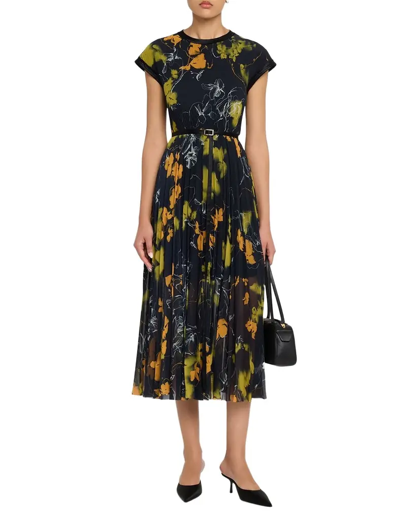 Jason Wu Collection Shadow Floral Pleated Crepe De Chine Midi Dress