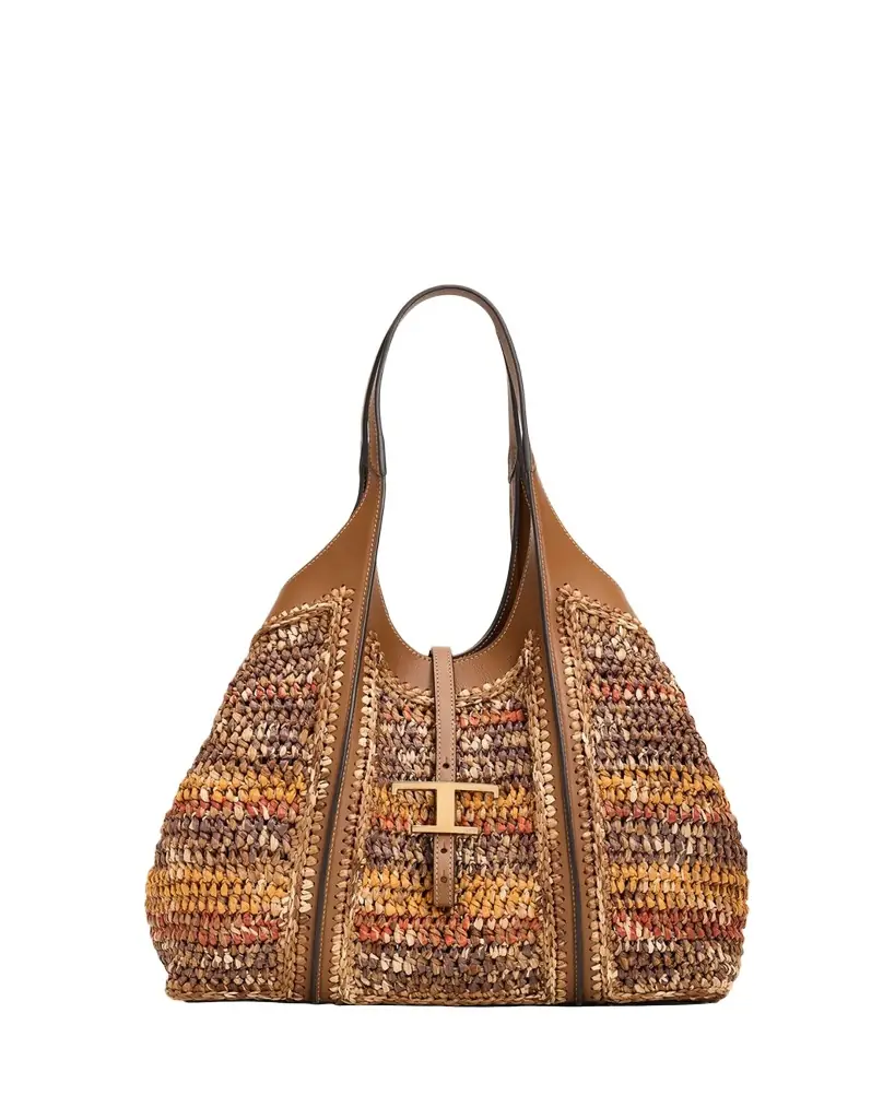Tod's T Timeless Raffia Shopping Tote Bag