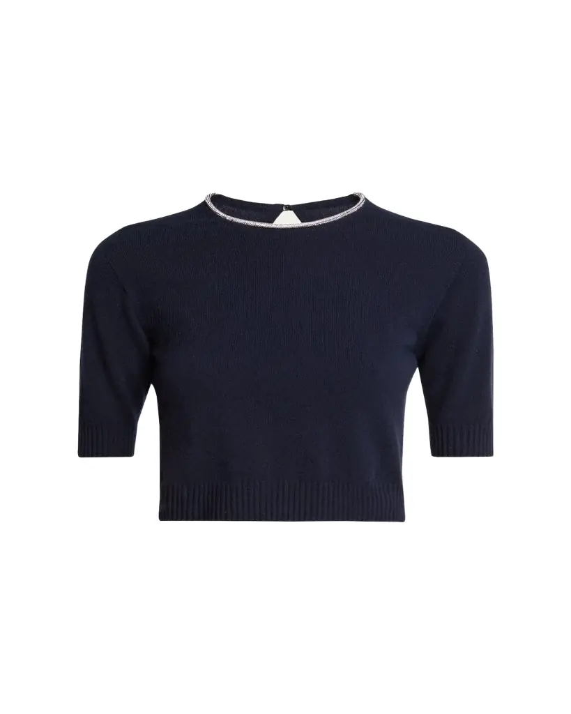 Giorgio Armani Crystal-Collar Cashmere Short-Sleeve Crop Sweater