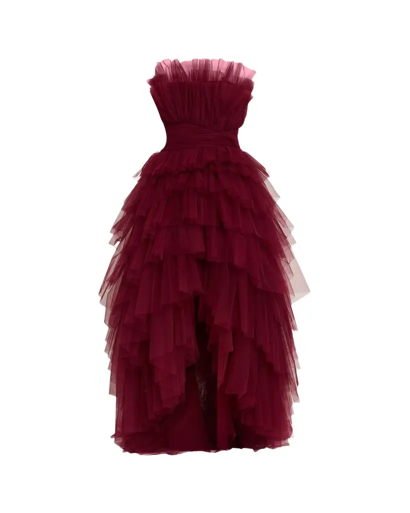 Pamella Roland Strapless Tiered Tulle High-Low Gown
