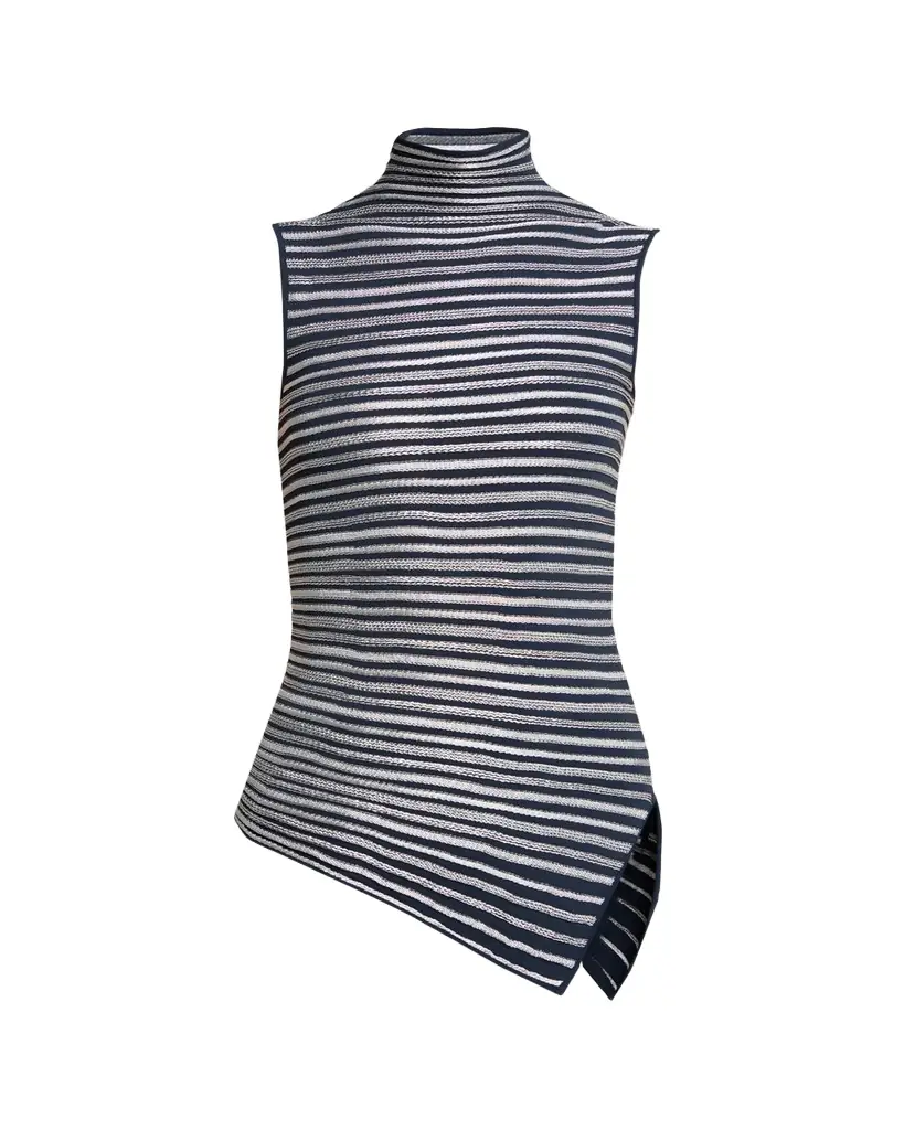 Giorgio Armani Asymmetric Metallic Striped Knit Turtleneck Top