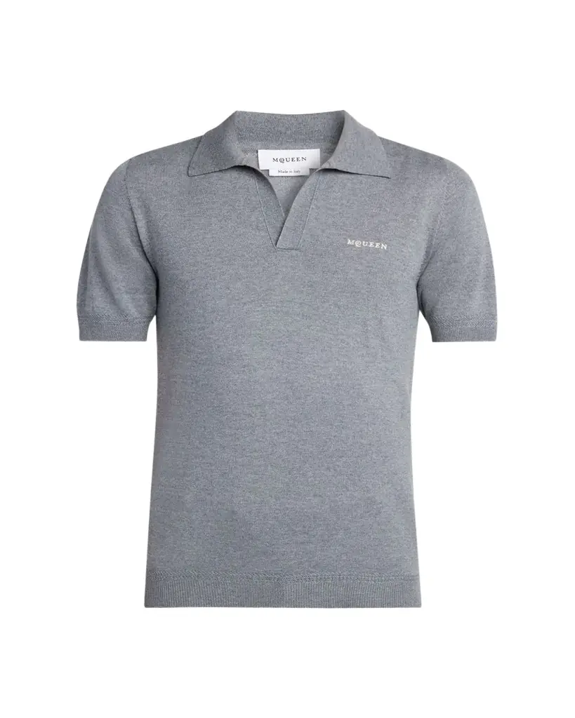 McQueen Men's Wool Knit Johnny Collar Short-Sleeve Polo Sweater