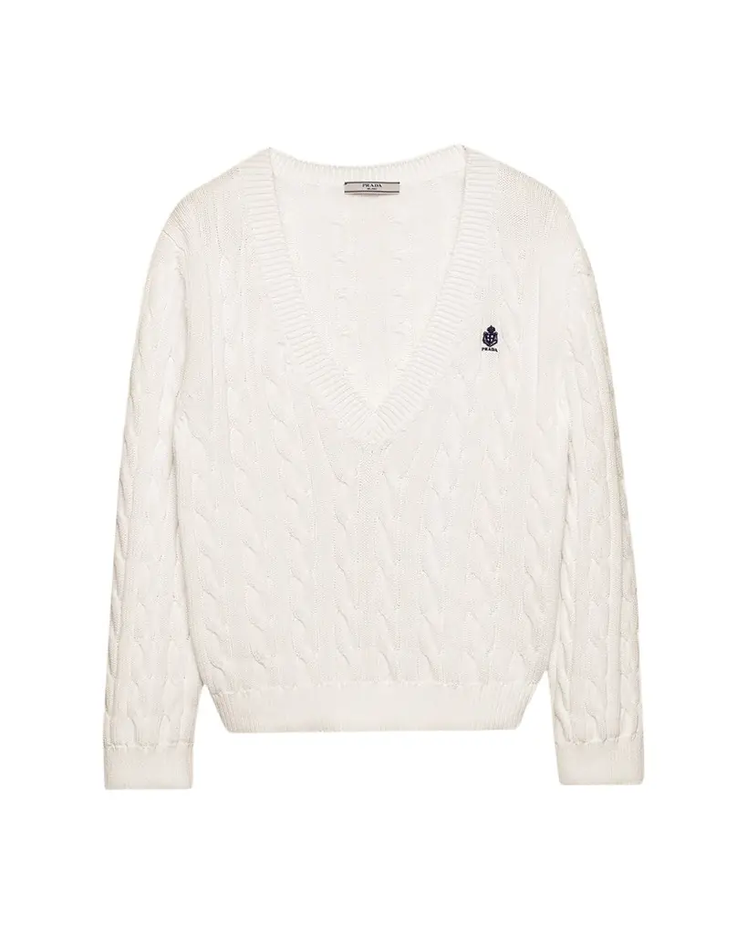 Prada Cable-Knit V-Neck Cotton Sweater