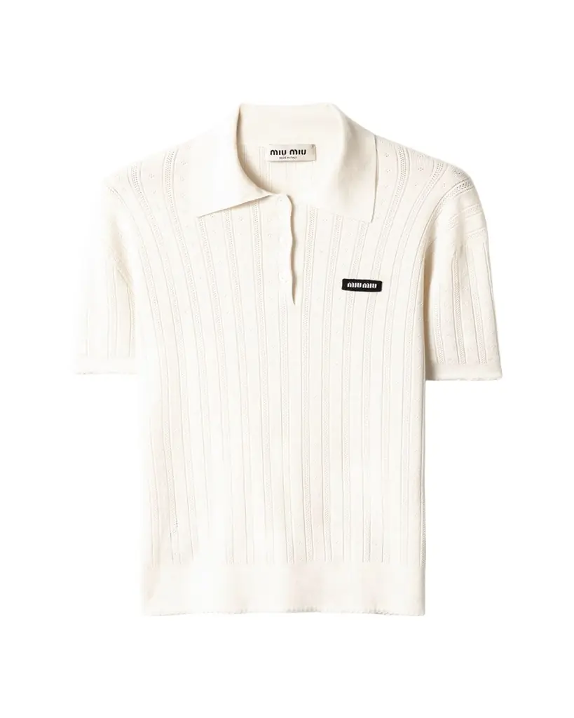 Miu Miu Cashmere-Silk Pointelle Knit Short-Sleeve Polo Top