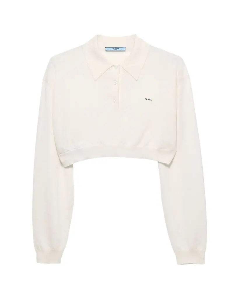 Prada Cashmere Long-Sleeve Cropped Polo Sweater