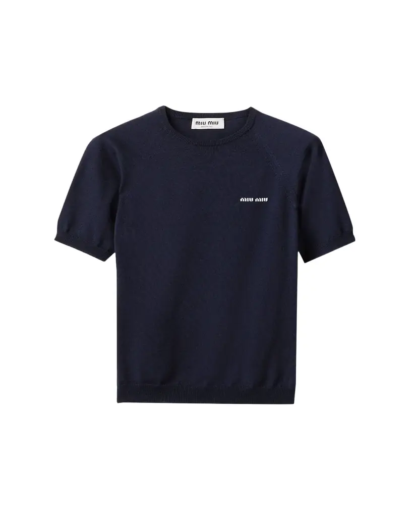 Miu Miu Short-Sleeve Wool Crewneck Sweater