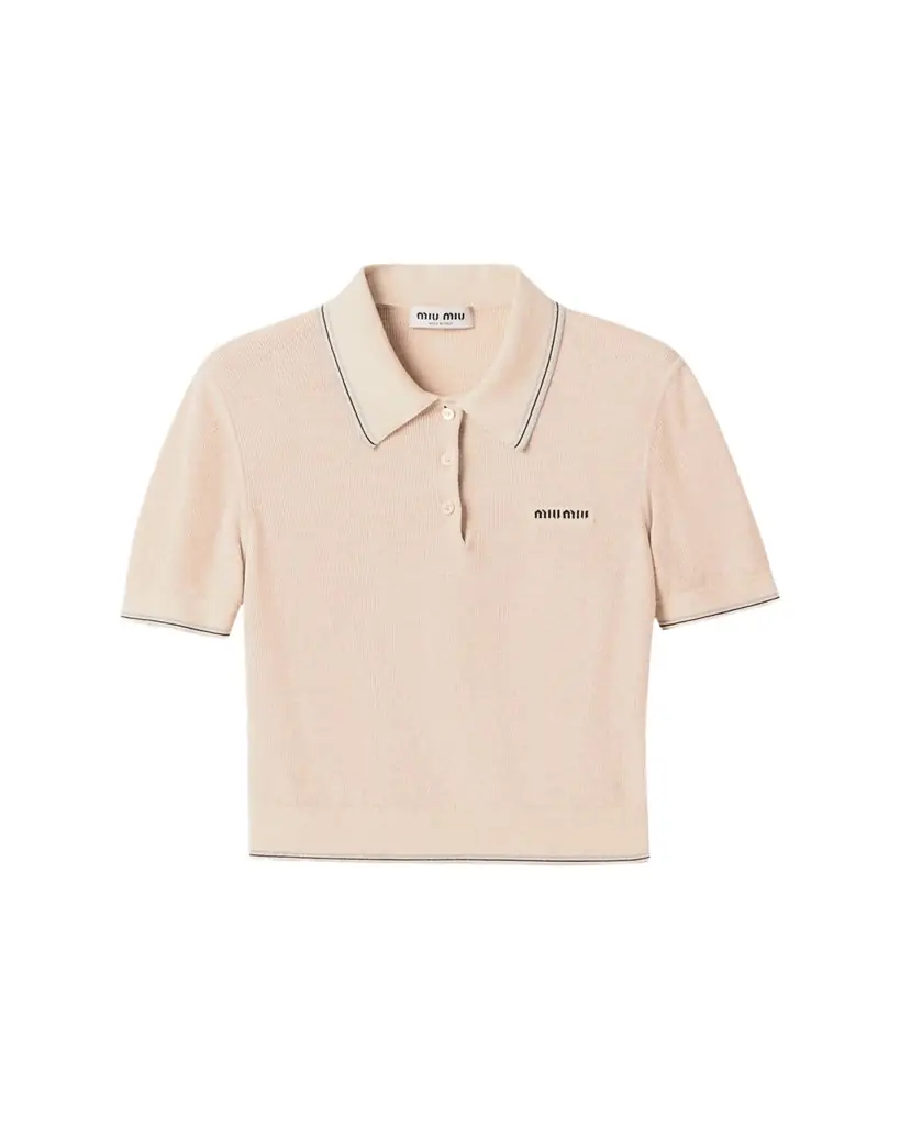 Miu Miu Short-Sleeve Cotton Rib Polo Sweater